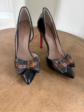 Betsey Johnson Black Patent Pointed-Toe Heels with Multicolor Crystal Bow